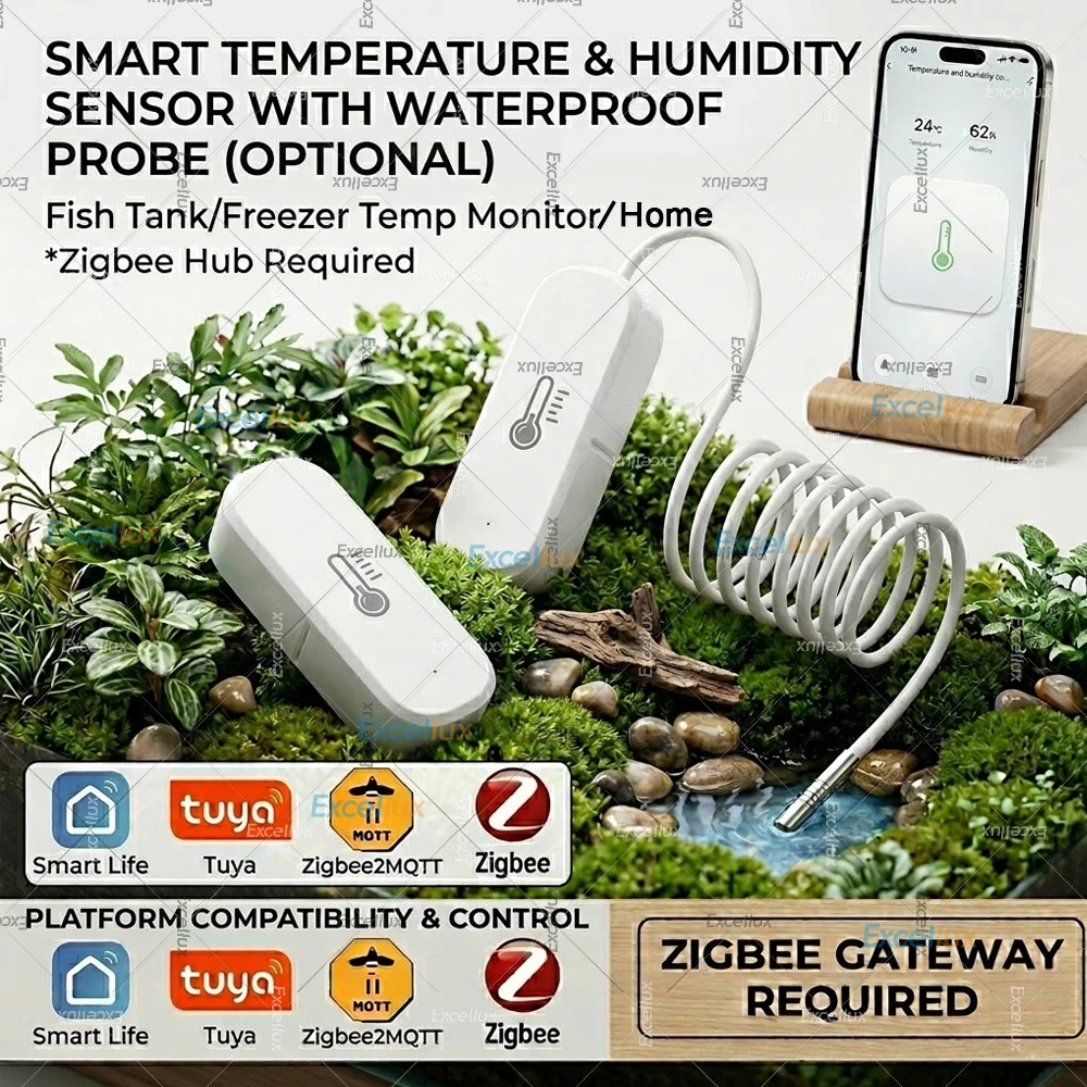 Zigbee 3.0 Temperatur- und Feuchtigkeitssensor mit externer Temperatursonde, intelligentes Thermo-Hygrometer für Pflanzen, Aquarien, Gefrierschränke, Gateway erforderlich