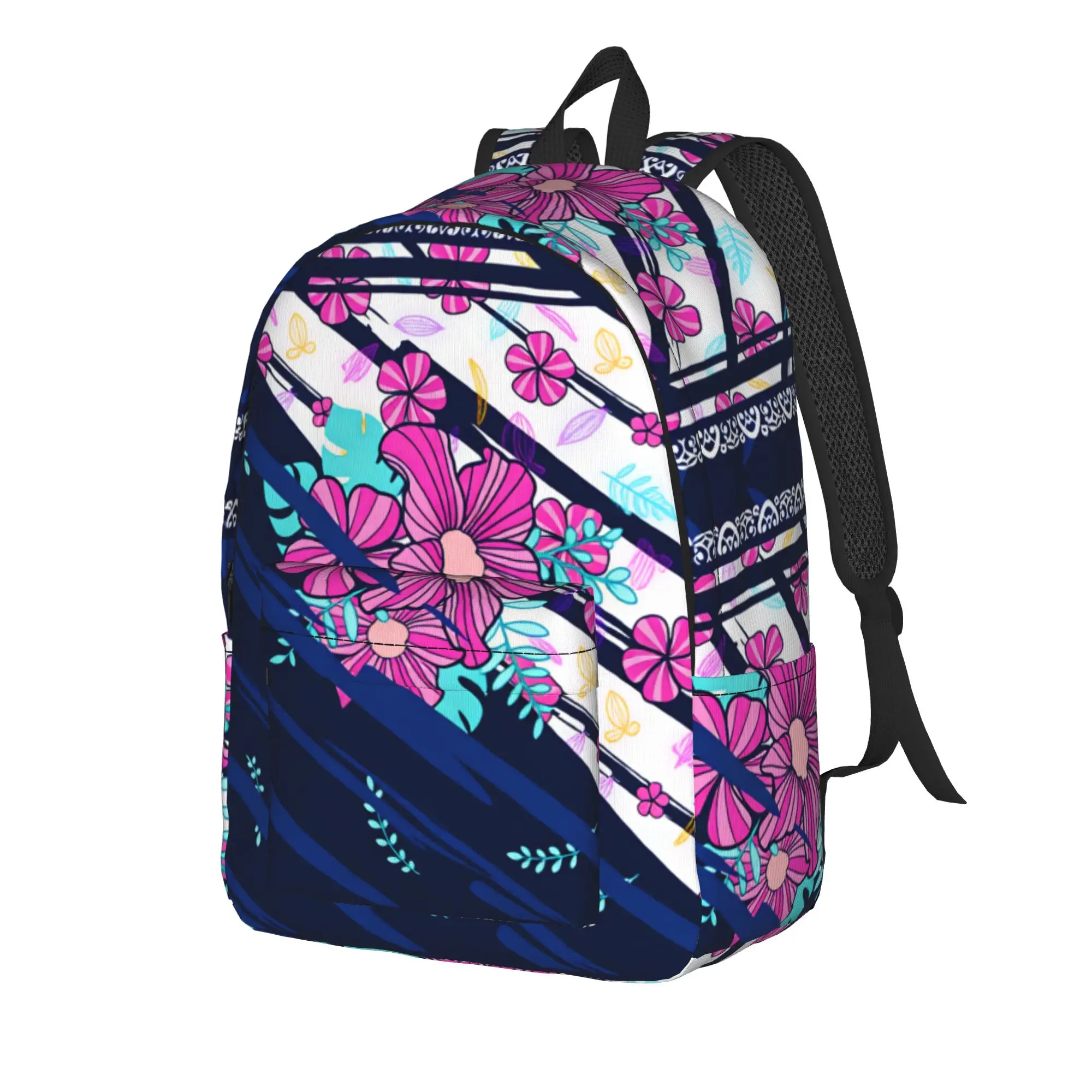 Navy Stripe Tropical Flower Backpack  Camping Backpacks Men Fashion School Bags Design Durable Rucksack