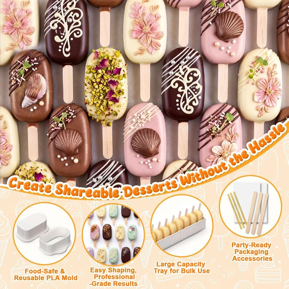 White Cake Stick Cutter and Mold Set 100 Sticks 100 Bags 100 Ribbons Plastic Baking Tool for Home Birthday Wedding Desserts