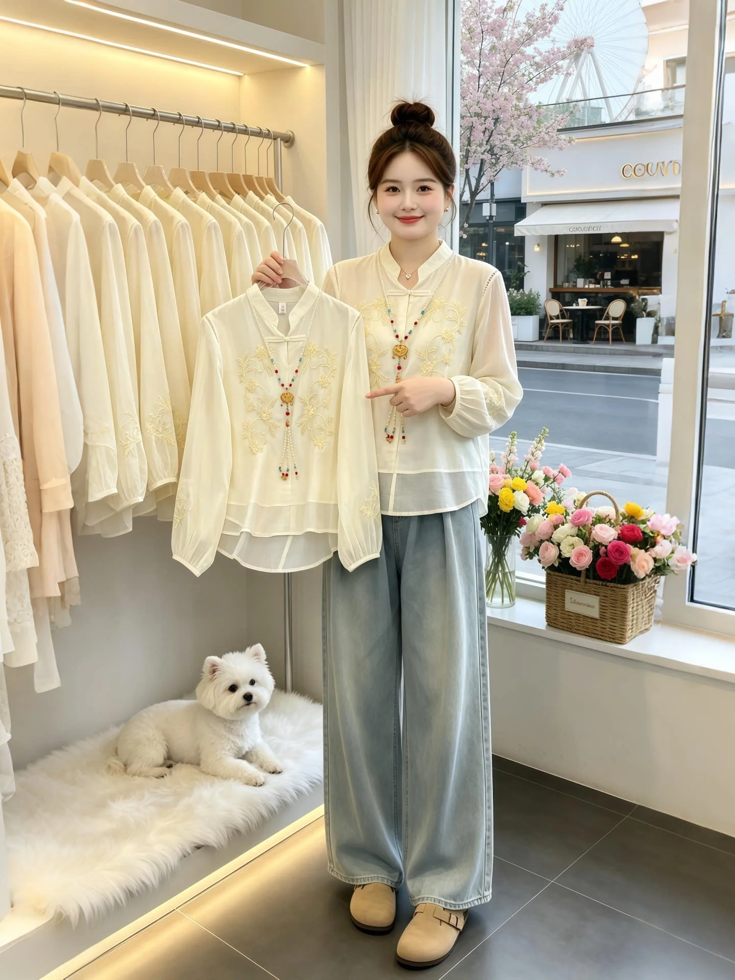 

Elegant Embroidered Loose Long Sleeve Stand Collar Shirt Women's Fashion Spring New Style Korean Version Breathable Thin Model