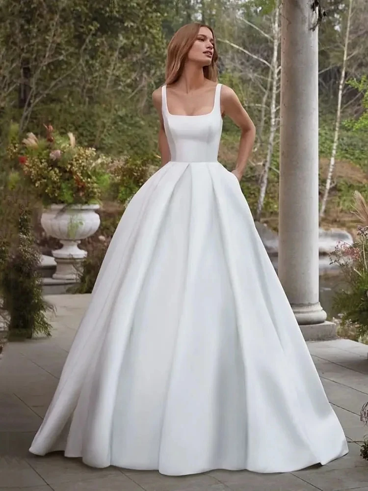 Vestido de novia sencillo de satén, traje elegante con bolsillo, tirantes finos, espalda, medida personalizada, impresionante