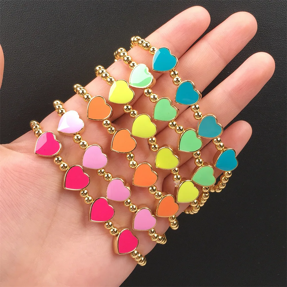 AILINFA Fashion Color Love Drop Oil Enamel Bracelet Female INS New Design Beaded DIY Cute Heart Candy Color Bracelet