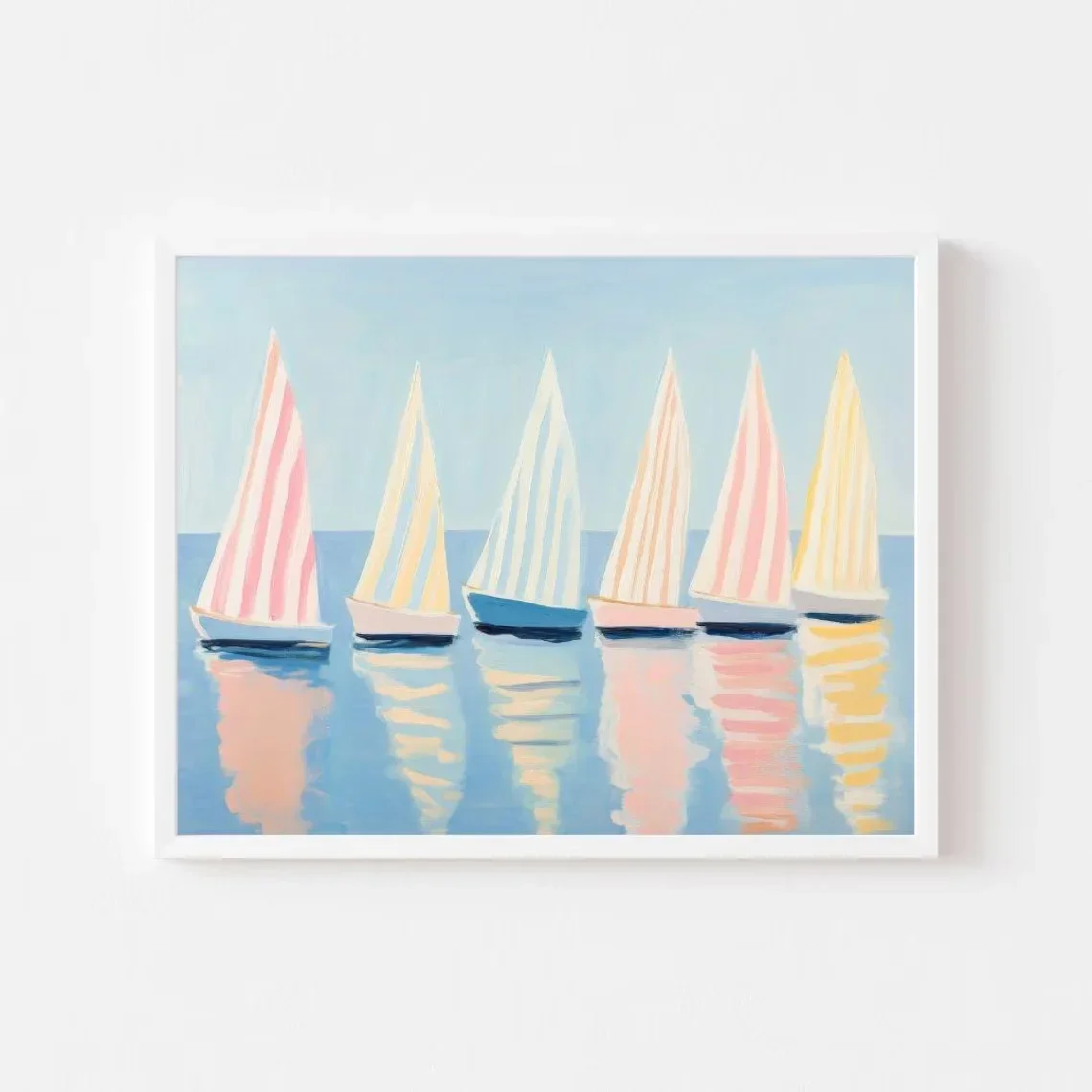Coastal Pink & Blue Sailboat Wall Print Decor - Soft Painterly Illustration of Six Colorful Striped Sailboats Floating on Cal