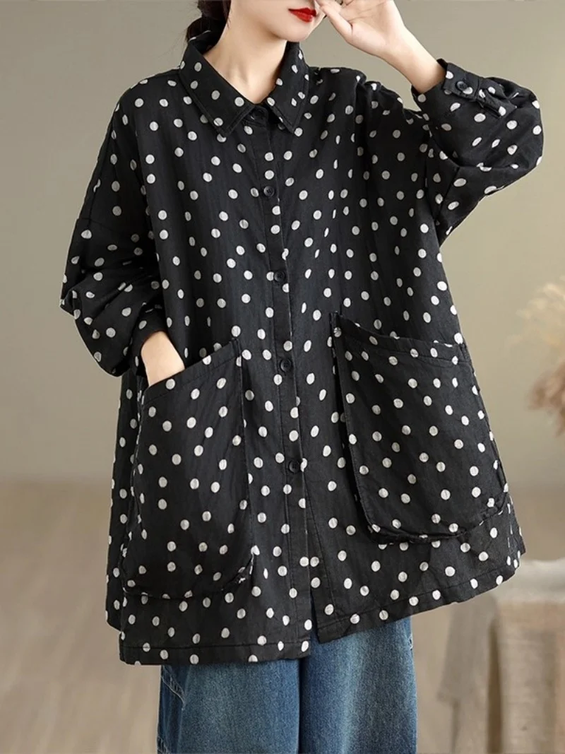 

Back Large Size Women's Clothing For Autumn 2025 Fashionable Temperament Polka Dot Design Round Neck Long Sleeved Jacket W754