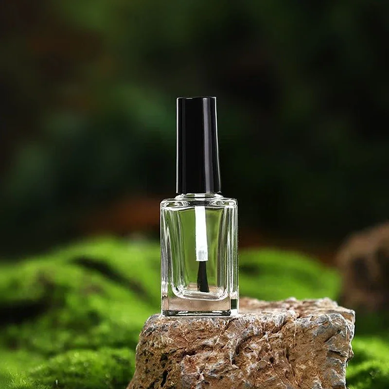 1PCS 15ML Black Lid Square Small Shaped Empty Glass Nail Polish Clear Bottles With Balck Cap And Soft Brush For Travel And Home