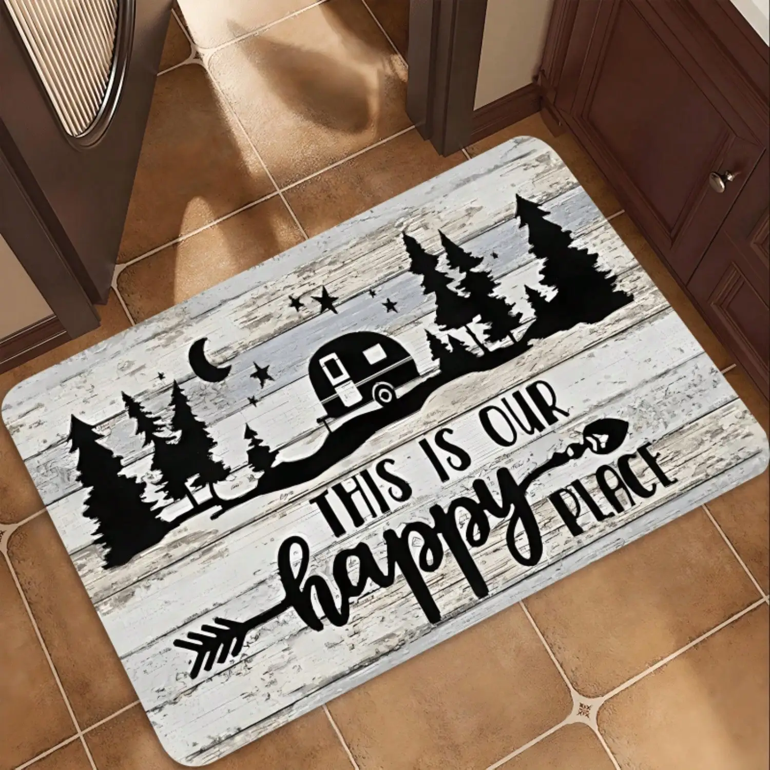 Rustic Woodland Camper Van Doormat - Moonlit Forest Pine Trees & Stars Design With 