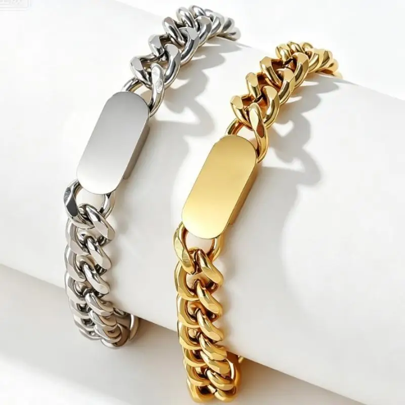 Fashionably Simple Stainless Steel Cuban Chain Bracelet Polished Bar Adjustable Extender For Daily Wear Men Women Couple Gift