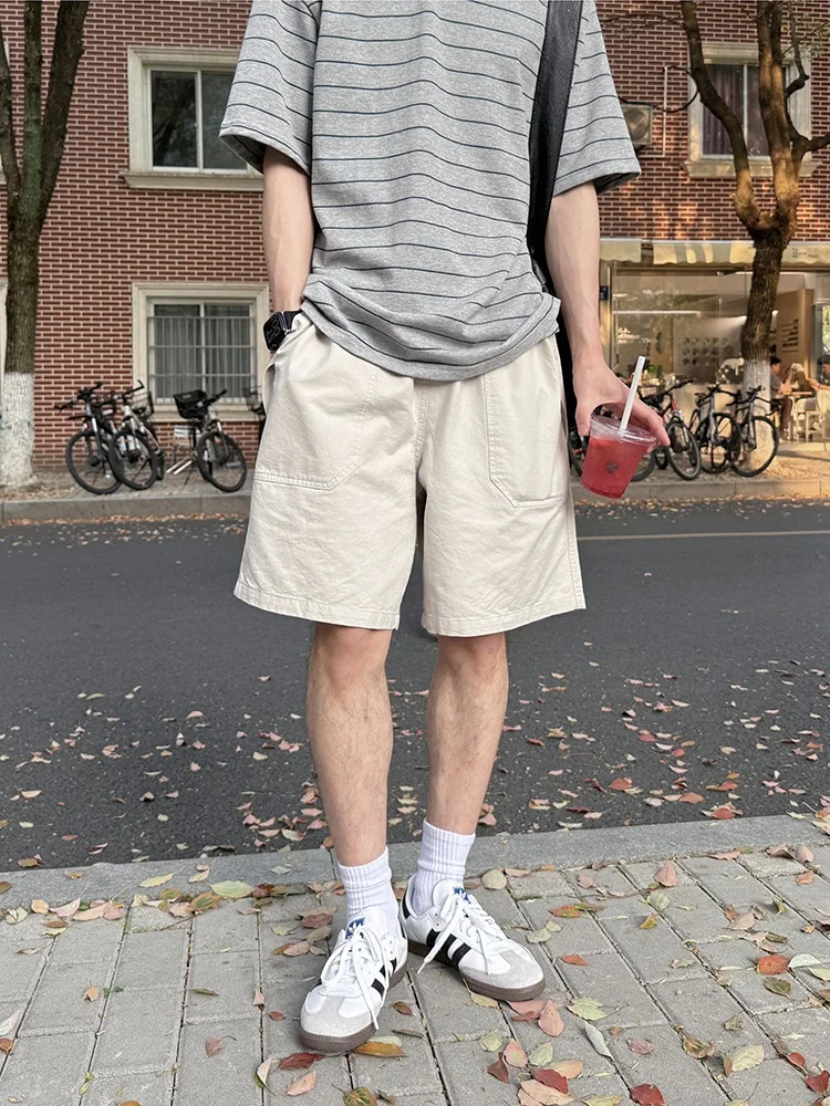 

Мужские рабочие шорты цвета хаки, повседневные пляжные брюки свободного кроя, молодежный стиль, прямые брюки из полиэфирного волокна, повседневные брюки