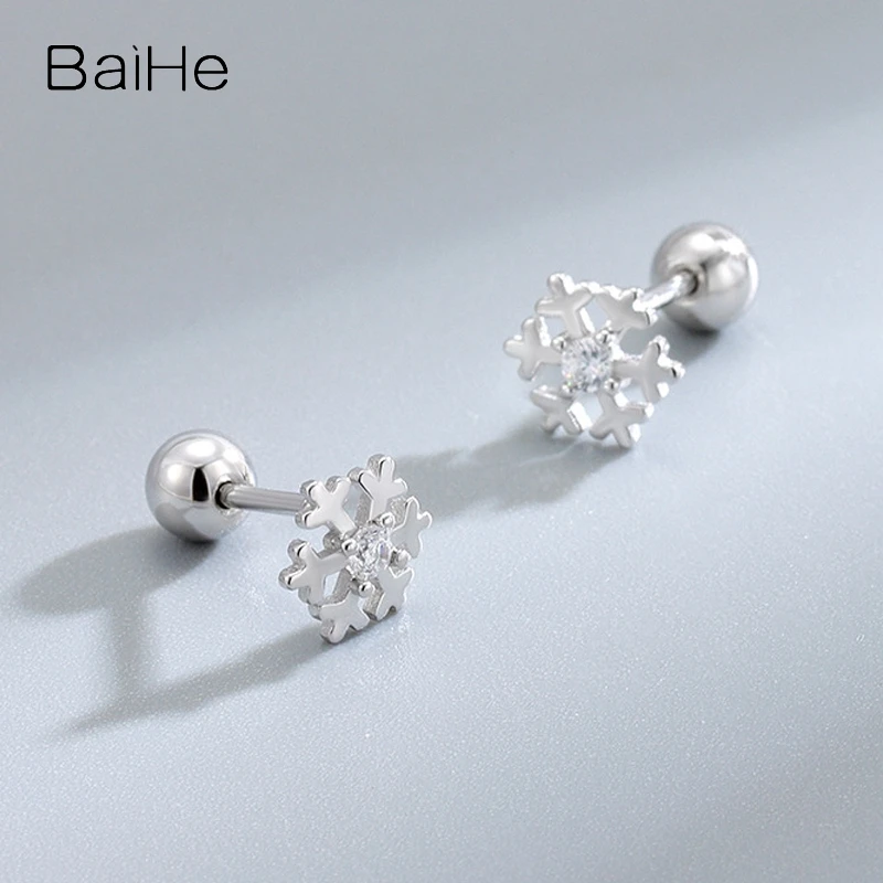 BAIHE Solid 14K White Gold moissanite snowflake Stud Earrings for men women Daily wear Engagement Wedding Fine Jewelry серьги