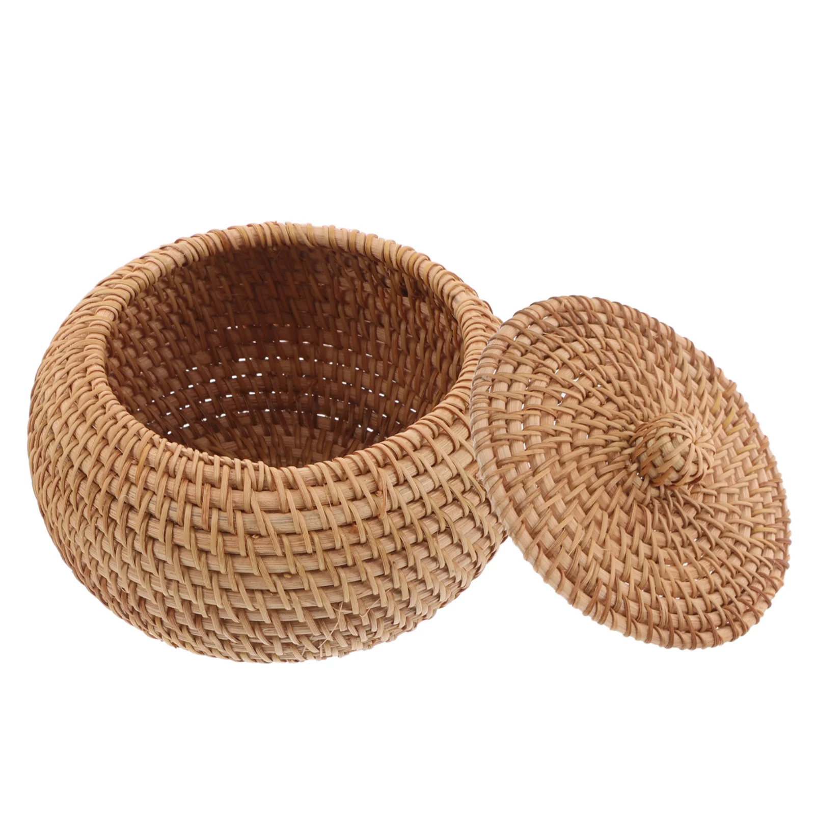 

Round Rattan Basket Box 15*12Cm Handwoven Wicker Storage Bin With Lid For Desktop Kitchen Sundries Organizer Small Basket
