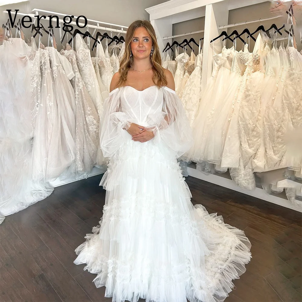 

Verngo Sweetheart Wedding Dress For Women Puff Long Sleeves Bridal Dress Ball Gown Tiered Tulle Sweap Train Wedding Gowns