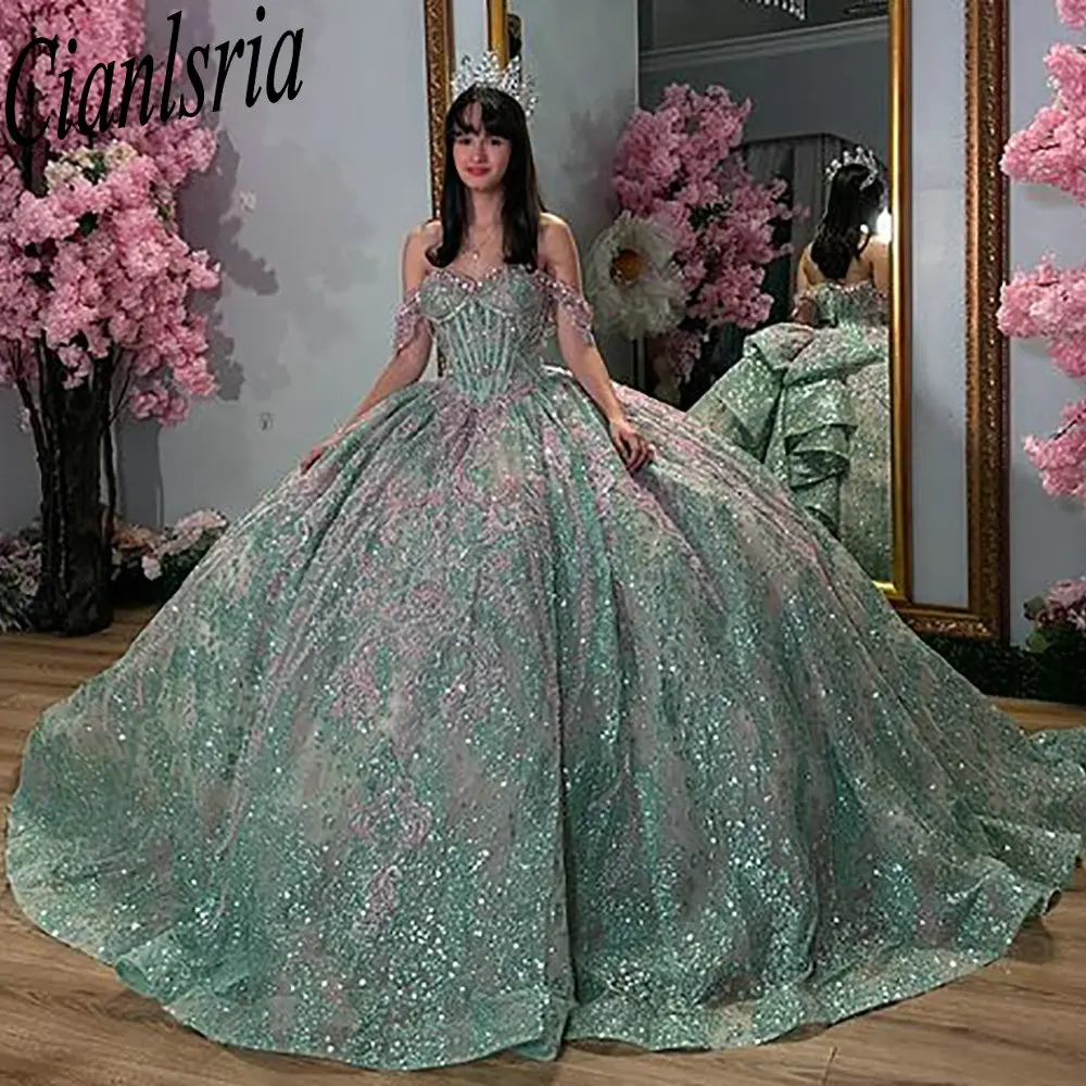 Robes de Quinceanera en cristal brillant vert menthe, hors de l'initiative, robe de Rh, appliques, nœud en dentelle, corset personnalisé, éducatif, XV Anos