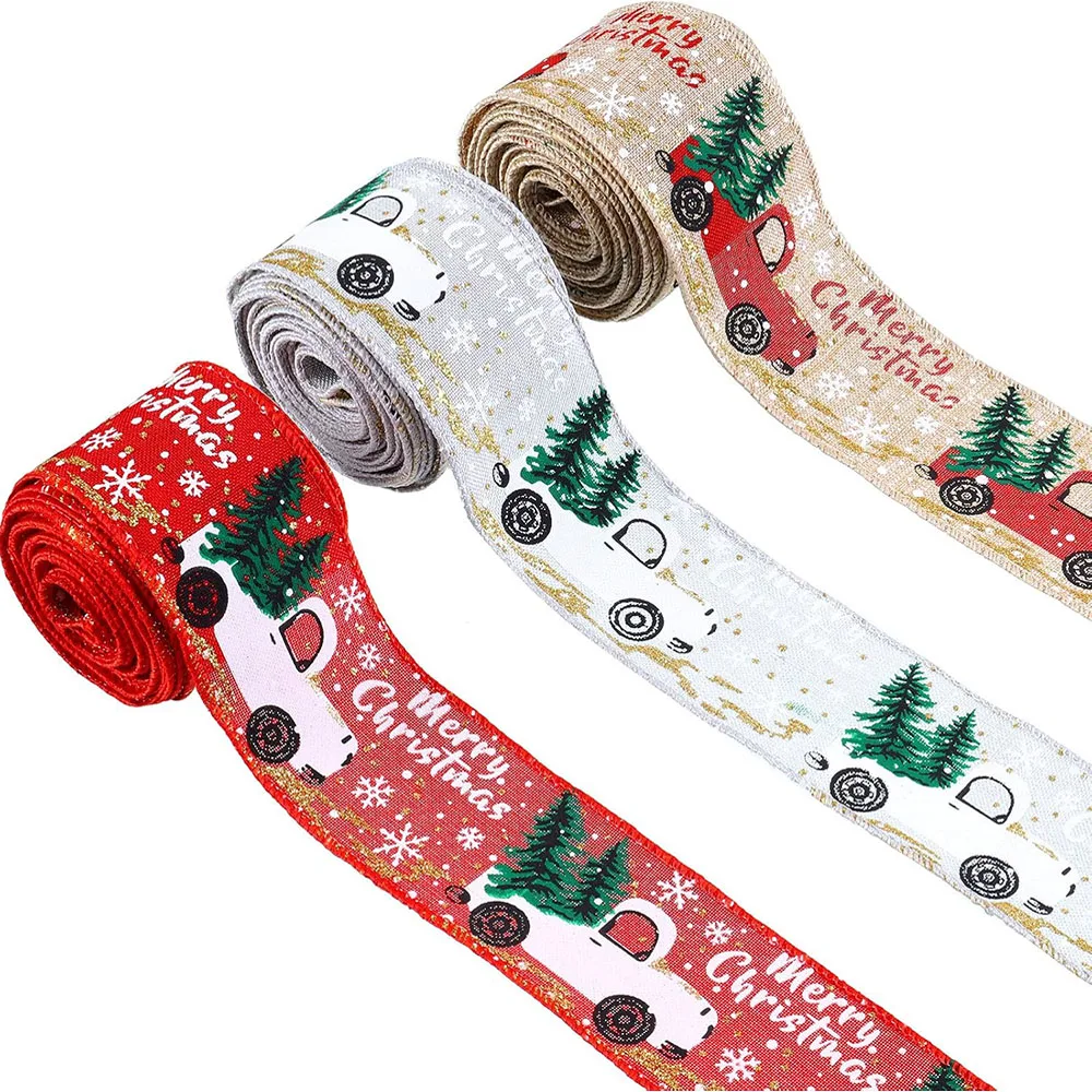 

2 inch 5 Yard Christmas Wired Edge Ribbons Merry Christmas Tree and Truck Ribbon for Gift Wrapping DIY Wreaths Crafts Decor