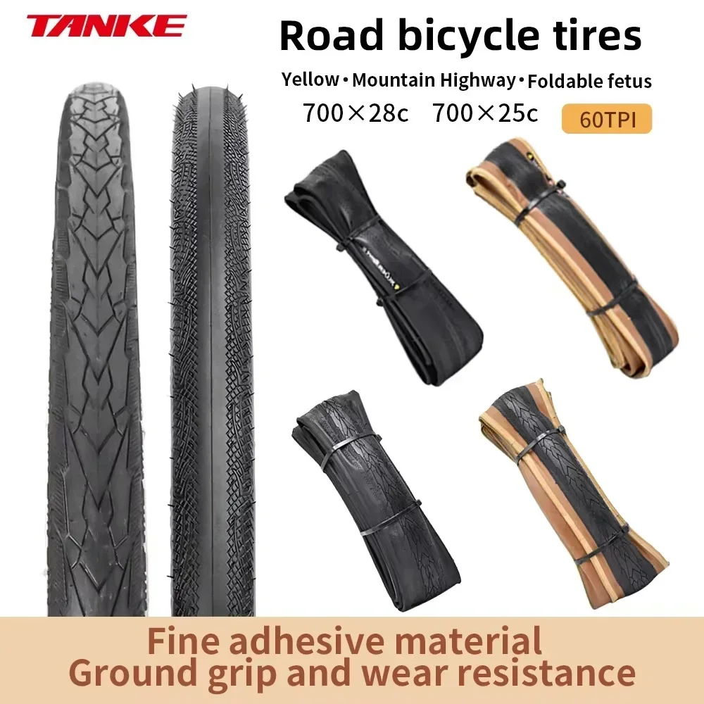 TANKE Road Bike Tire 700X28C/700X25C 60TPI Black and yellow edges puncture-proof Bicycle Tire forGravel Bike/JILUER Folding Tire