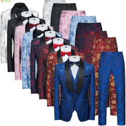 Blauer Jacquard Stoff anzug 3 Stück, Herrenmode Slim Fit Blazer Jacke Hosen weste, Frühling Herbst neue Herren Sets, asiatische Größe