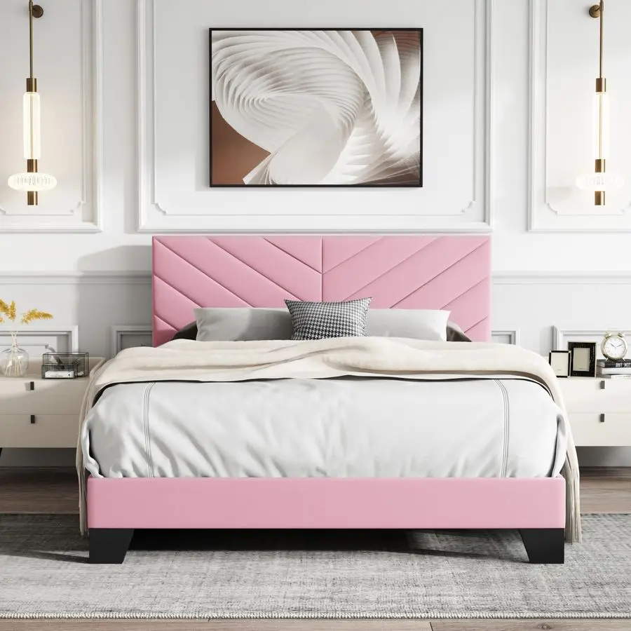 

Size Upholstered Platform Bed, Full Bed Frame with Tufted Headboard, Sturdy Frame and Wooden Slats, Silent Operation, No Spring