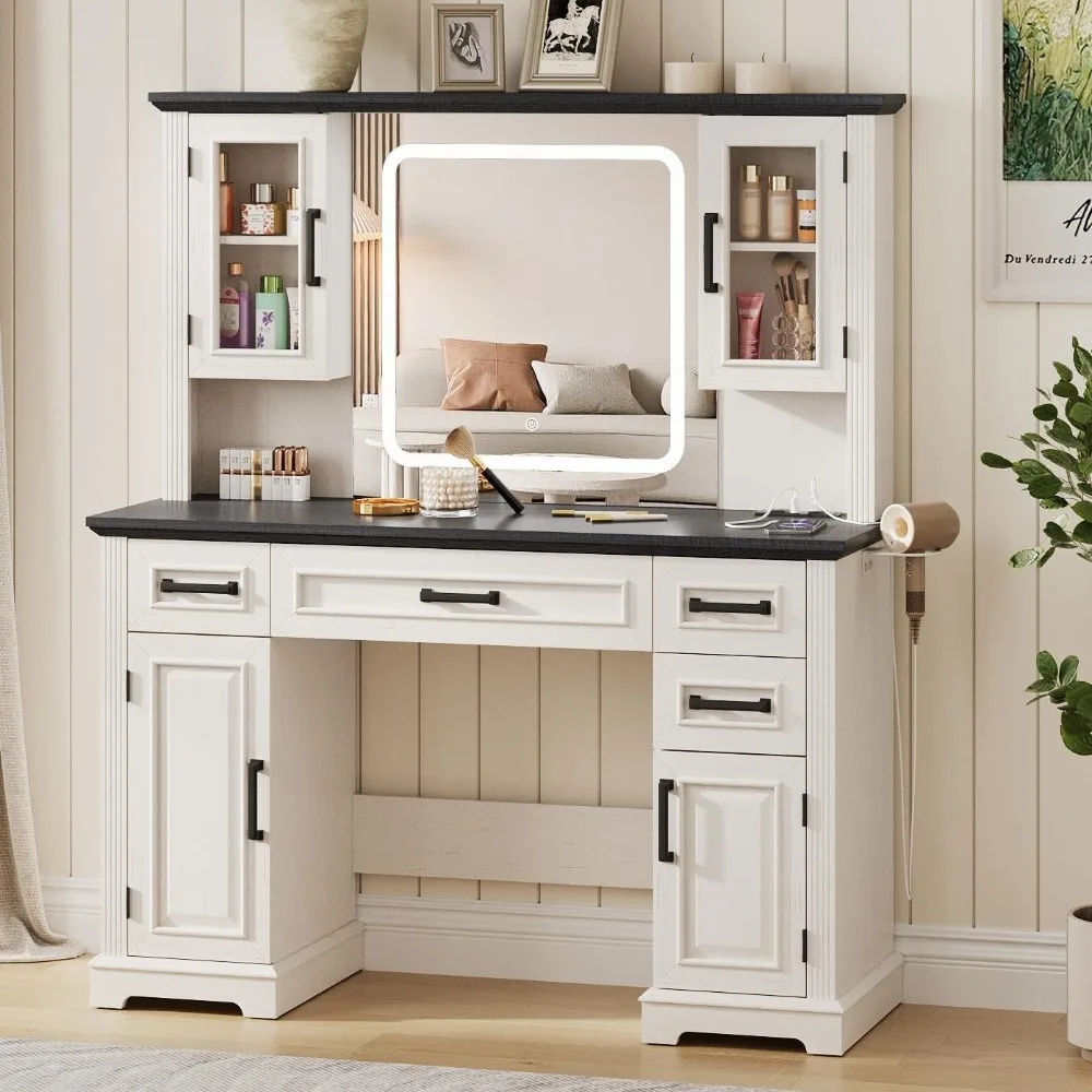 Farmhouse Vanity Desk with Mirror and Lights, Makeup Vanity Table with Charging Station, 45