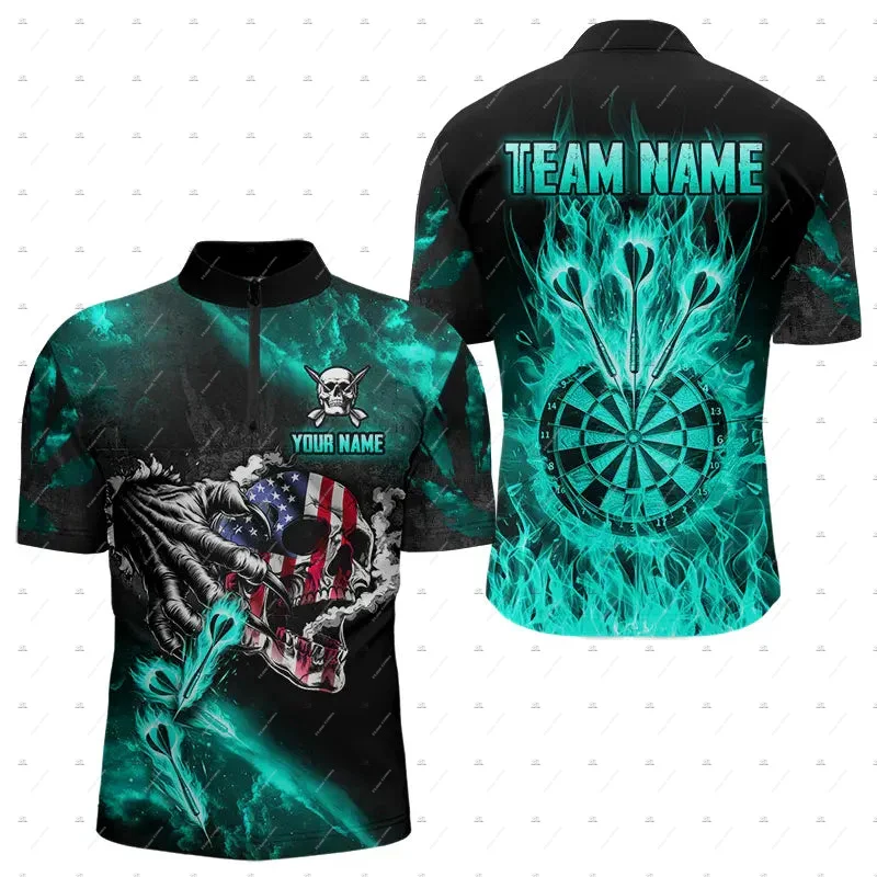 Custom Name Mesh Breathable Darts Skull Flame Graffiti Vintage 3DPrint Harajuku Summer Short Sleeve Zipper Polo Jersey Shirts A6 view 4