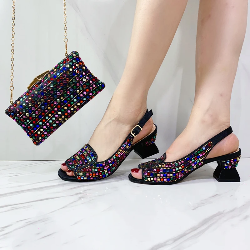 2024 Fashionable Designed Ankle Strap Luxury African Bright Rrhinestone Summer Party Banquet Elegant Shoe Bag For Wedding Party