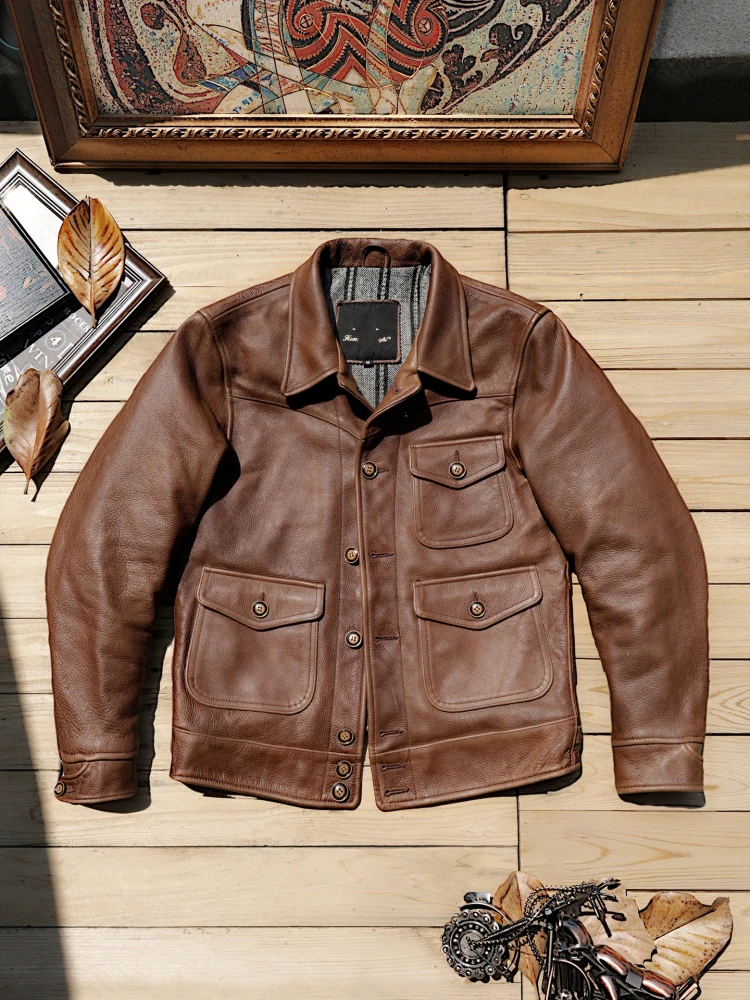 

Retro Top Layer Cowhide Motorcycle Jaet Men's Heavyweight RL Tee ket American Waed Leather Coat Trendy Youth Casual