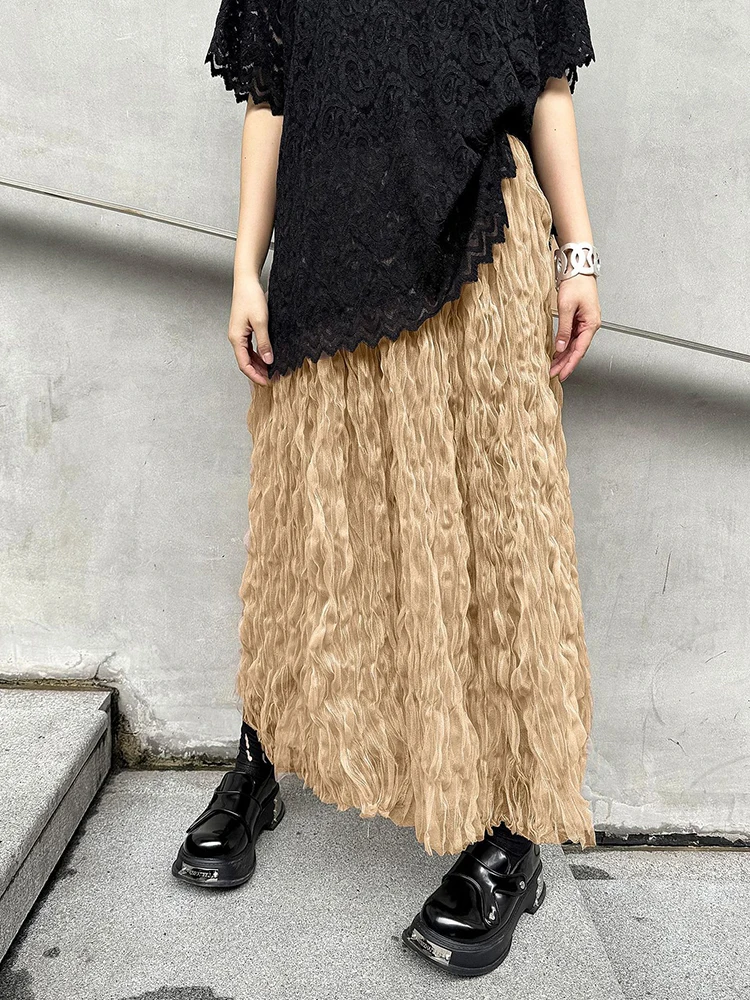 High Elastic Waist Black Pleated Mesh Casual A-line Half-body Skirt Women Fashion Tide New Spring Autumn