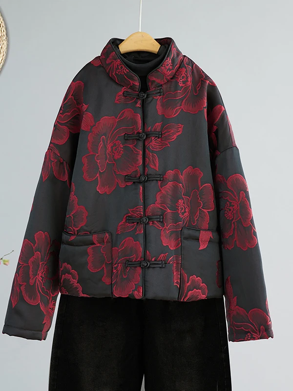 

Warmth Fce Women's Traditional Chinese Sle Jaet with Embroidery Cotton Padded Stand Collar Long Sve Winter Coat