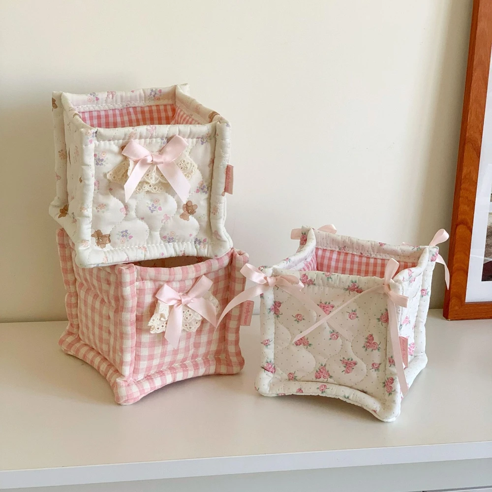 Ins Square Storage Basket Flower Cotton Sorting Basket Pink Checkered Pattern Lace Stripe Desktop Box Home Supplies