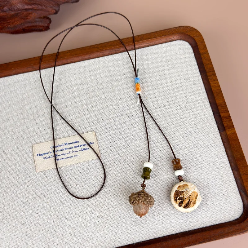 Necklace Handcrafted Wooden Acorn Dried Fruit Beads Rustic Calming Nature Inspired Bohemian Style Elegant Charm Choker