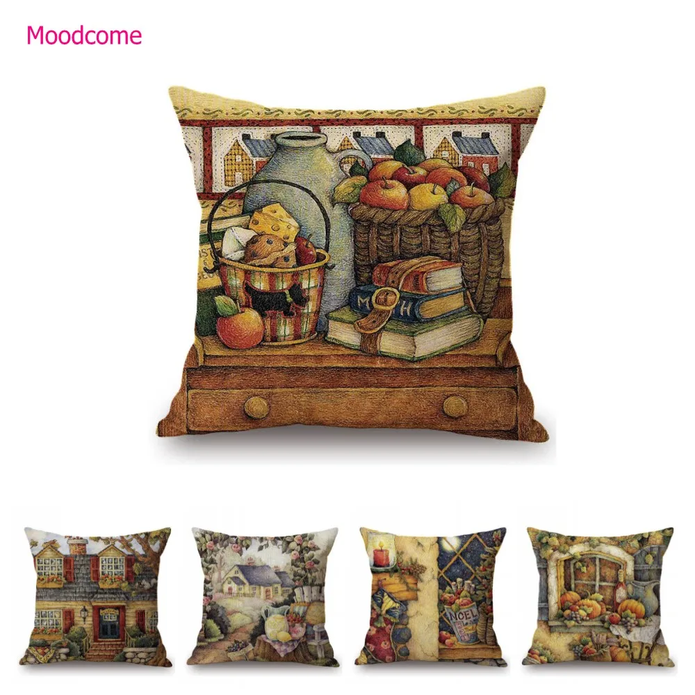 American Pastrol Country Side View Oil Painting Cotton Linen Sofa Bench Cushion Cover Home Decoration Throw Pillow  Case