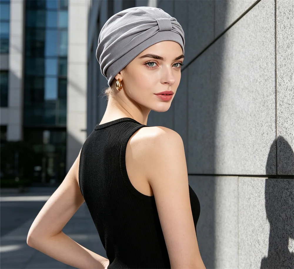 3pcs Women Knotted Turban Hat Stretch Head Wrap Cap Breathable Hair Protector Beanie Hat Ladies Hair Cover Headwear Solid Colors
