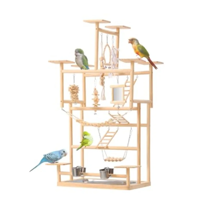 Bird Playground 7-Level Natural Wood Parrot Playstand in Brown with Feeders Toys, Modular Two-Tier Bird Play Gym, Detachable To