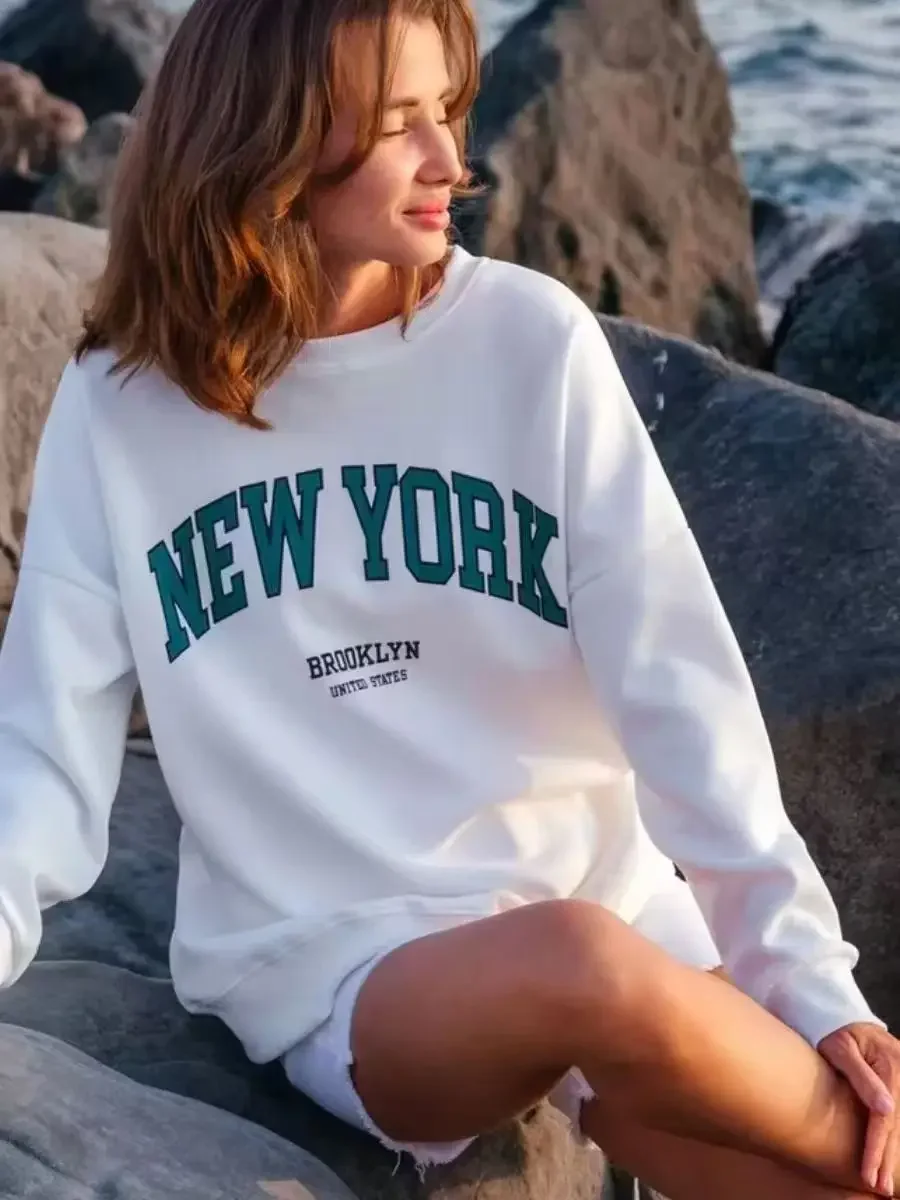 

NEW YORK Letter Print American Fashion Hoodies Women Long Sleeve Casual Sweatshirt Autumn Thin Shirt Korean Aesthetic Tops