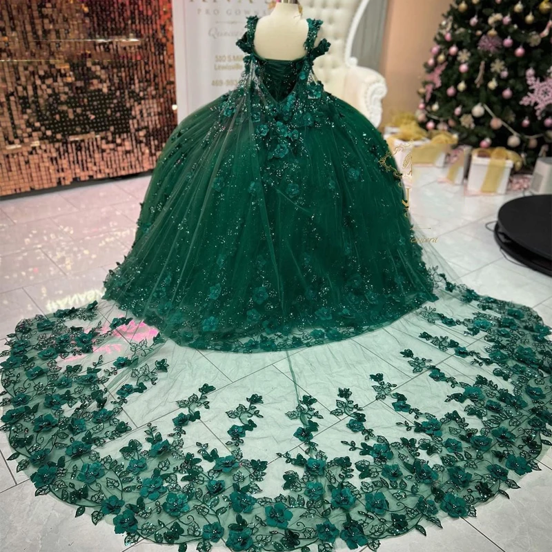 فستان Quinceanera قزحي الألوان ، ثوب التخرج ، زهرة ثلاثية الأبعاد ، أخضر زمردي ، مشد المكسيكي مزين ، مطرز