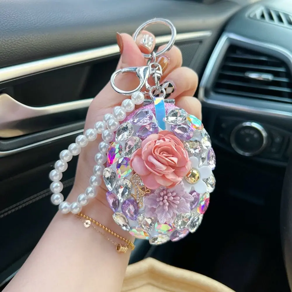 Mini Full Rhinestone Camellia Makeup Mirror Folding Elegant Small Mirror Pearl Chain Floral Car Keychain Women