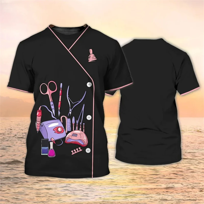 Realistic Manicurist Uniform 3D Printed T-shirt Summer Fashion Short Sleeve Crew Neck Work Clothes Casual Oversized Tee Shirts