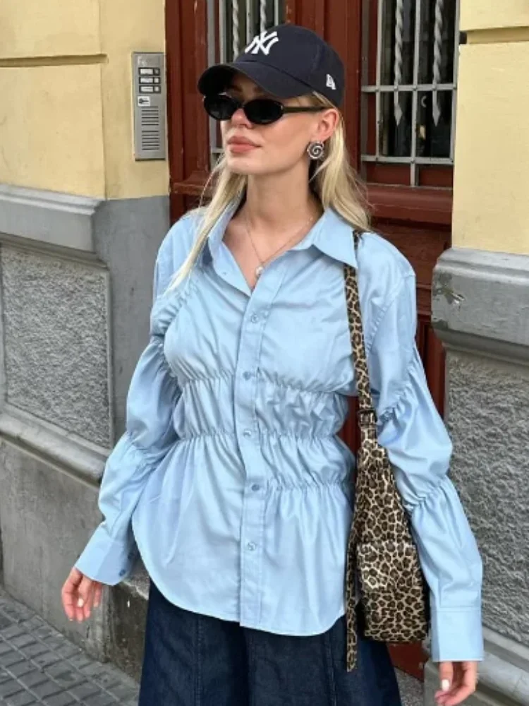 

Elegant Women's Waist-defining Blouse​ Trendy A-line Smocking Drawstring Slim Fit Top 2026 New Spring Office Smart-casual Wear