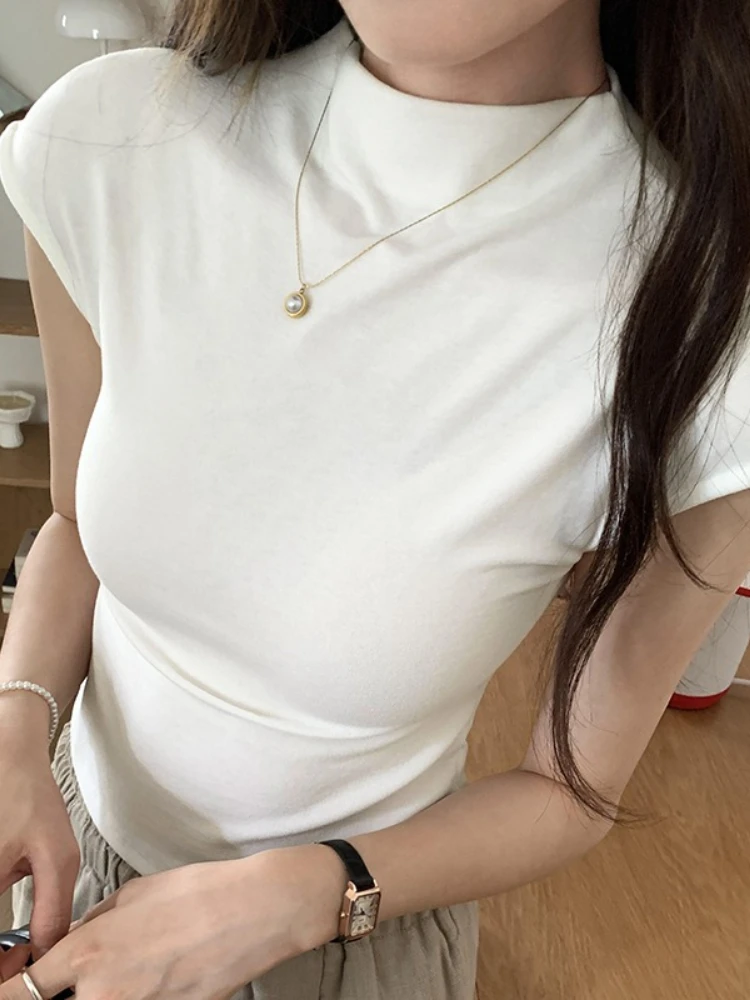 2026 Summer Unique Niche Design Slim Fit Tees Chic Hot Girl Mock Neck Sleeveless Women T-shirt Korean Style Solid Color Crop Top