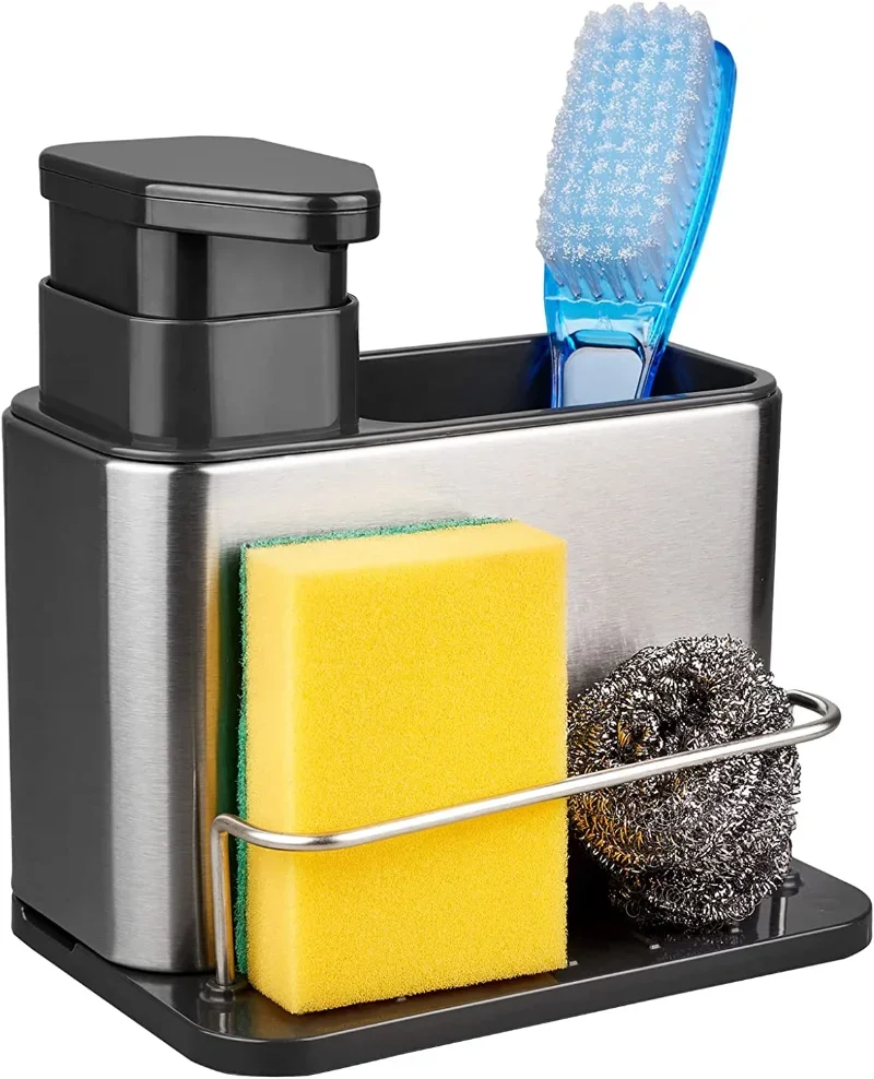 

3-in-1 Sponge Holder Soap Dispenser Sink Crockery Drainer Stainless Steel Dish Drainer Kitchen Sink Organizer Kitchen Detergent