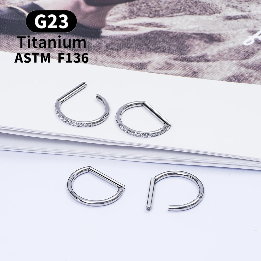 G23 Titanium Piercing Jewelry 16G 8/10/12mm Nose Ring Half Ring CZ Paved D Shape Segment Ring Clicke Cartilage Tragus Helix Lip