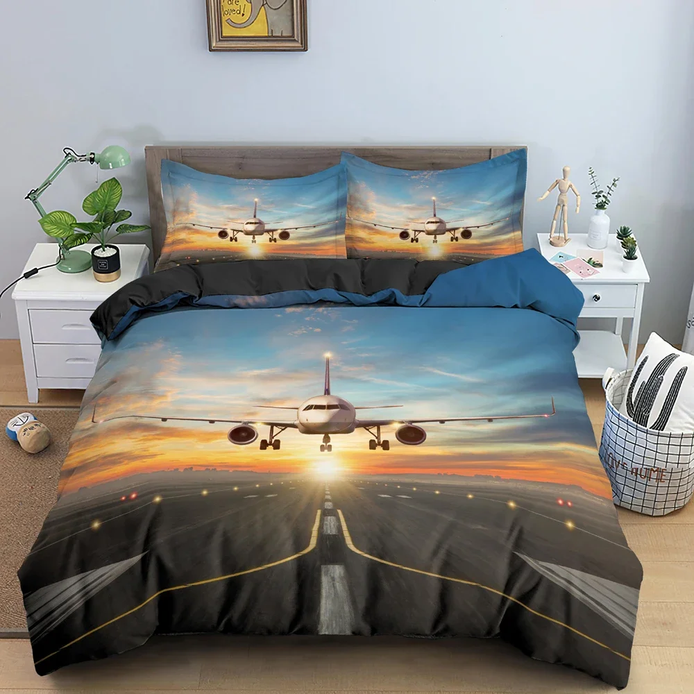 3D Airplane King Queen Duvet Cover Blue Sky Aviation Aircraft Runway Bedding Set Modern Transport 3pcs Polyester Quilt Cover