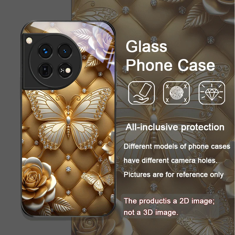 حافظة هاتف من الزجاج المقسى على شكل فراشة ذهبية لهاتف OnePlus 13 R 12 11 10 ACE2 ACE3 Pro Nord 2T 4 CE2 ACE3 Lite