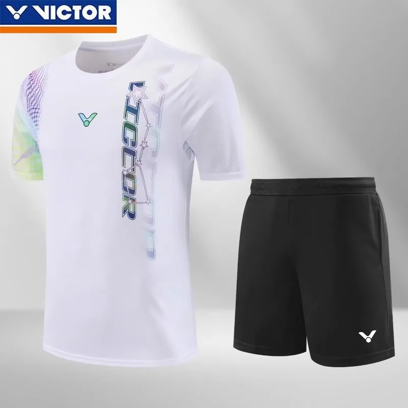 Victor 2025 New Men's and Women's Same Badminton Jersey Sports Short-sleeved Top with Shorts Set