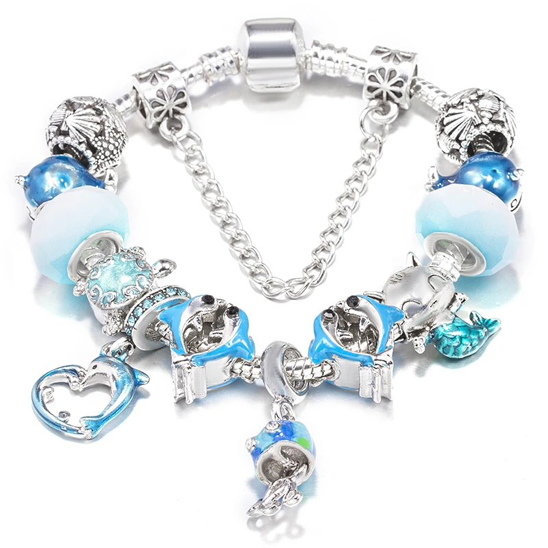 Blue Ocean Style Charm Bracelet Fits Diy Turtle Starfish Dolphin Beads Pendant For Women Childrens Jewelry Gift Dropshipping