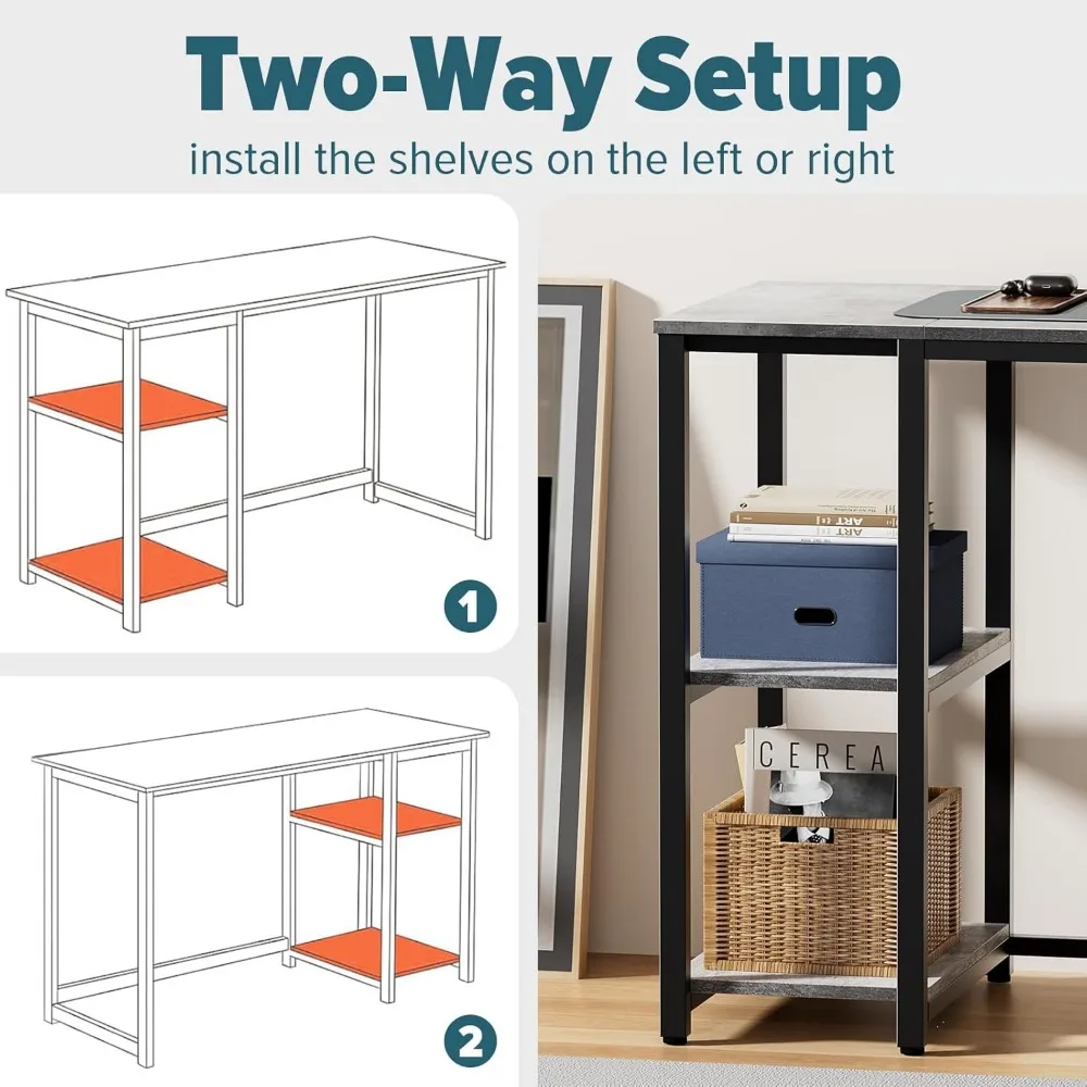 Modern Gaming and Study Desk 40 inches Grey with 2-Tier Shelves, Large Storage Space for Writing and Gaming