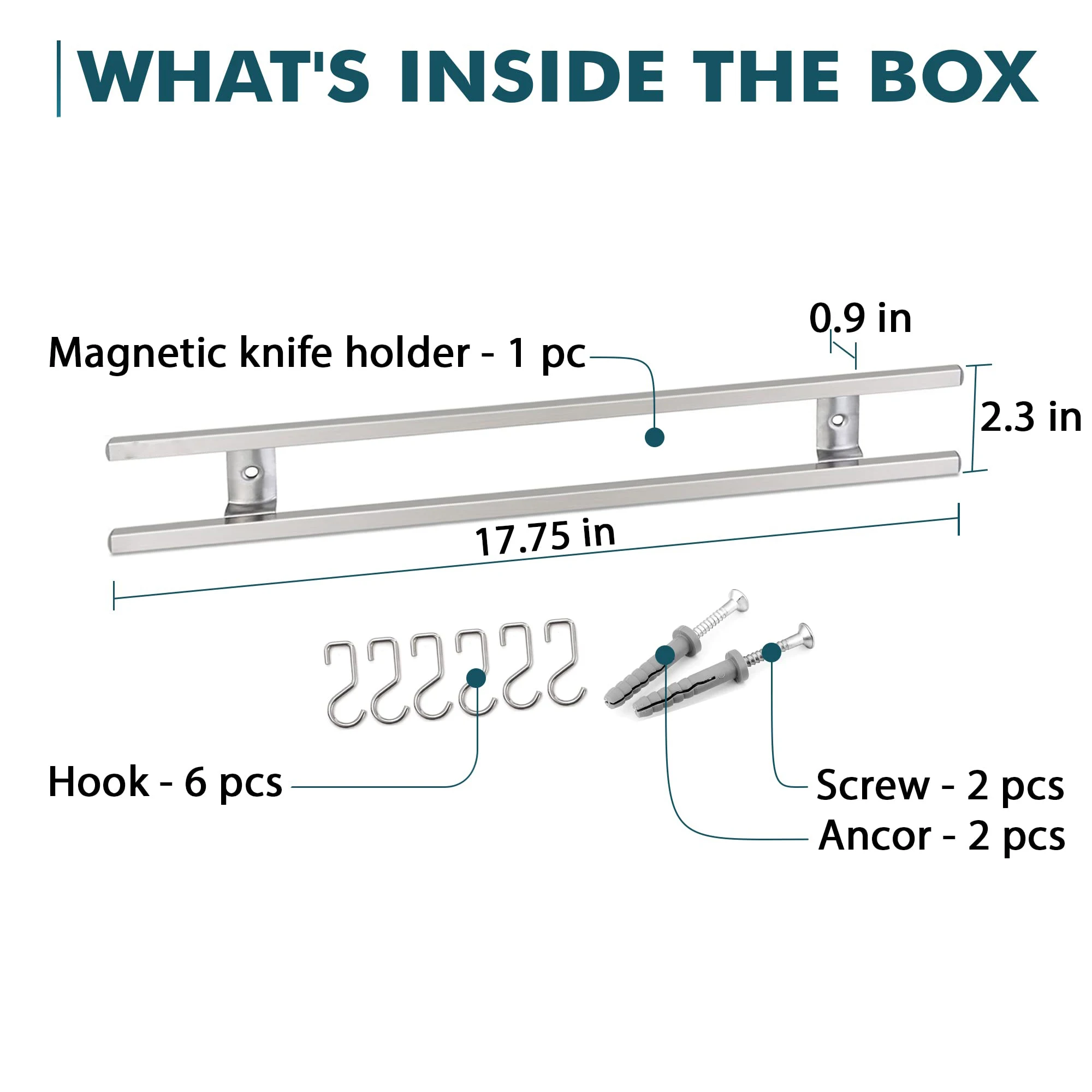 Magnetic Knife Holder for Wall - Stainless Steel Knife Magnetic Strip 18 Inch - Wall Knife Magnet Bar Rack With Hooks