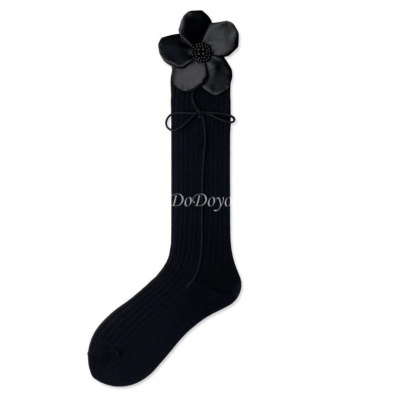 Stockings Women's Three-Dimensional Pearl Big Petal Leg Shaping Black Medium Long Tube Street Trend Fashion Simple Knee Length