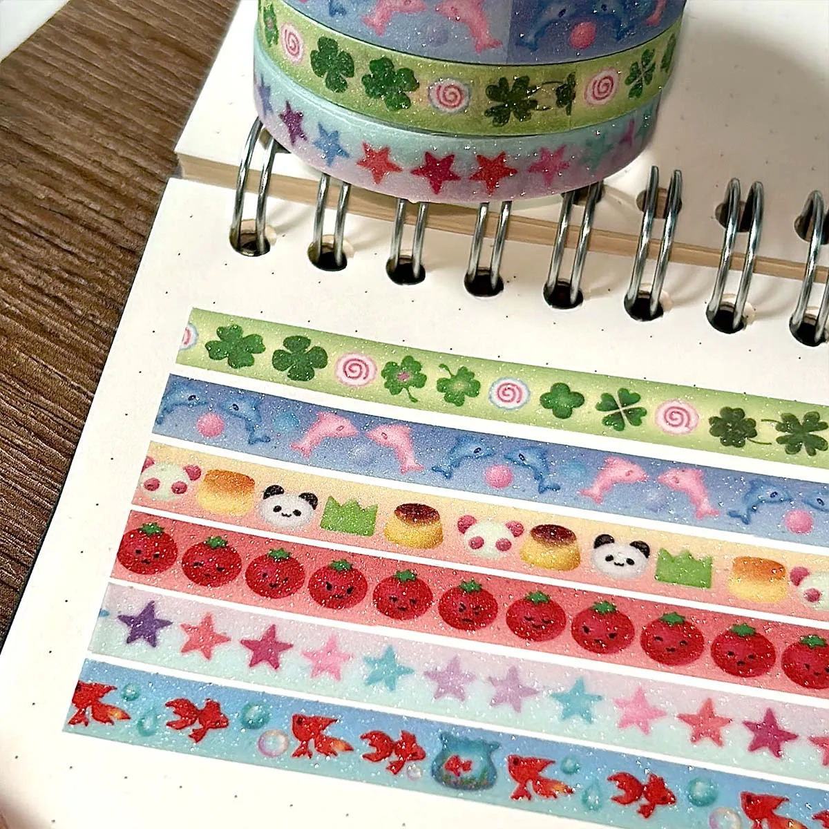 Cinta Washi de trébol de cuatro hojas Kawaii, bonita cinta Washi decorativa de tomate con película brillante recubierta de arena, cinta adhesiva con