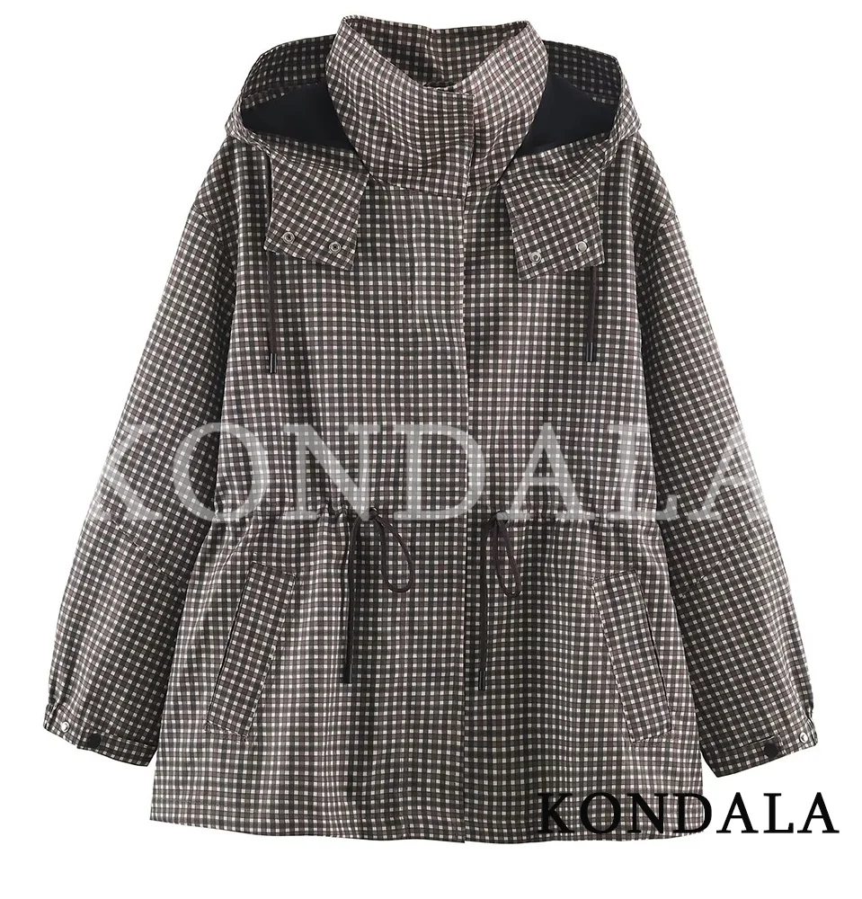 KONDALA Damen Freizeit-Kapuzenjacke im Karomuster, Vintage Pendlerjacke mit Reißverschluss und Taillenbund, Herbst 2026, Trendige, elegante, lockere Streetwear-Jacke – Detail 2