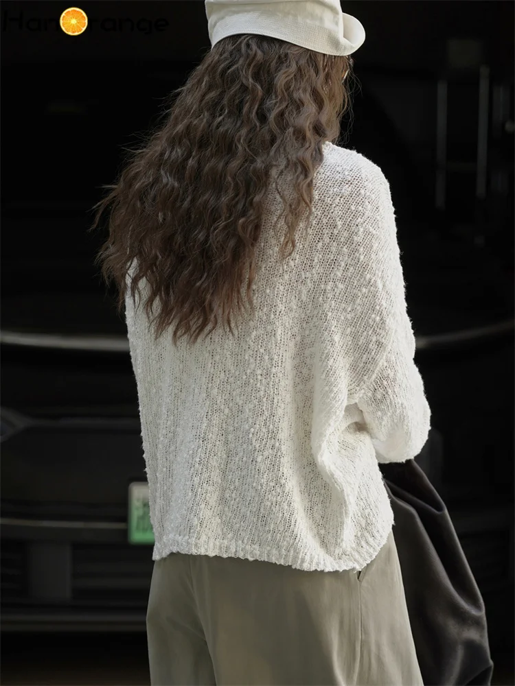 HanOrange 2025 初秋怠惰なリラクゼーション粒子テクスチャセーター女性柔らかい肌に優しいニットトップホワイト/グレー