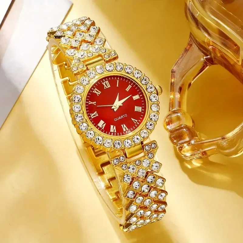 Gold Tone Full Rhinestone Women Quartz Watch Red Dial Metal Bracelet Bling Ladies Dress Wristwatch